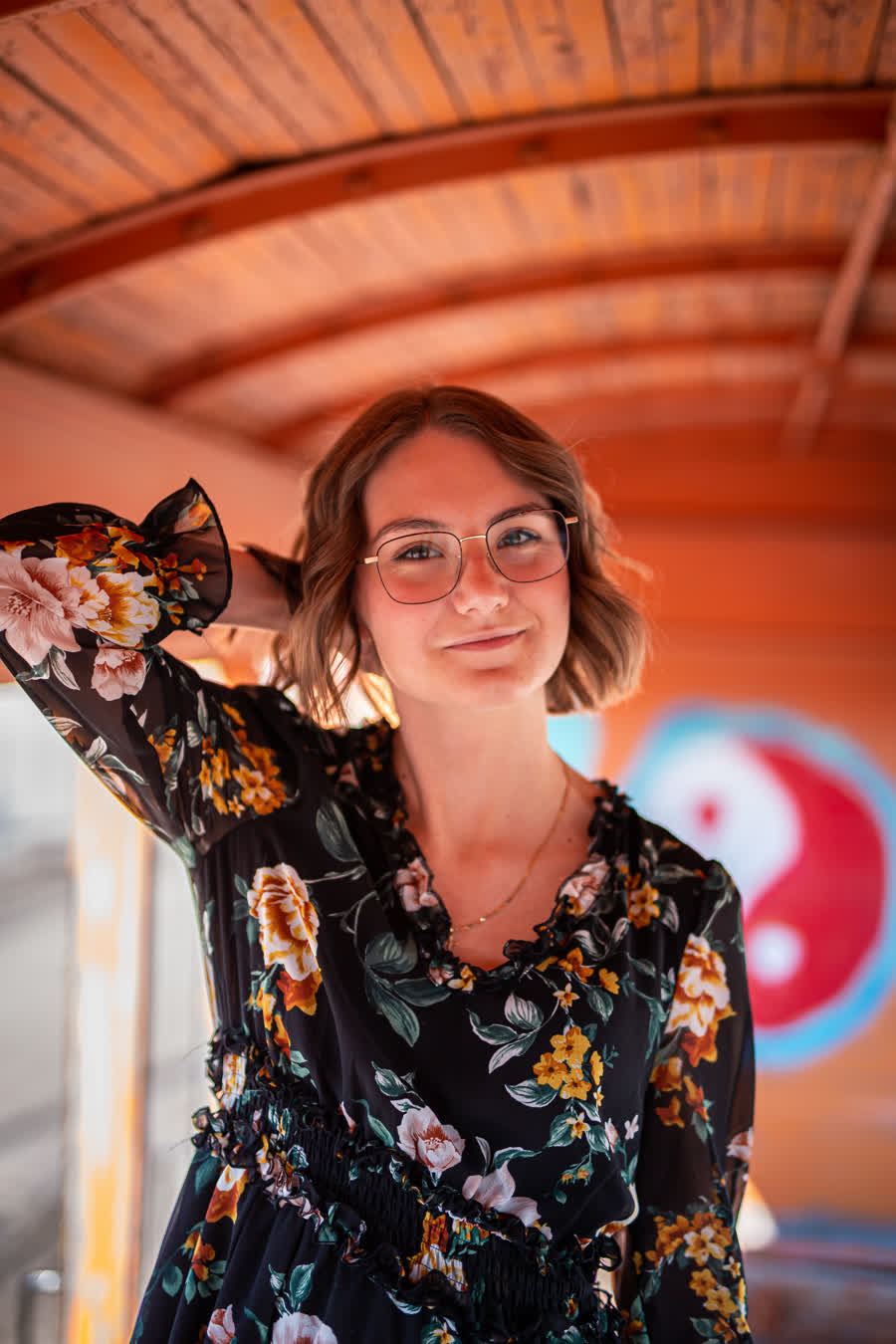 Portrait of Malin Scharmann in a floral dress